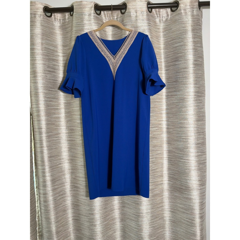 Royal Blue Crochet V-Neck Ruffle Sleeve Shift Dress Womens Size Small